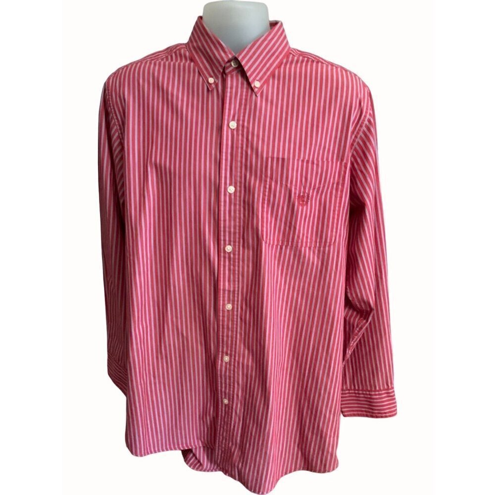 Ralph Lauren Chaps Men Red Striped Long Sleeved Collared Button Down Shirt Large